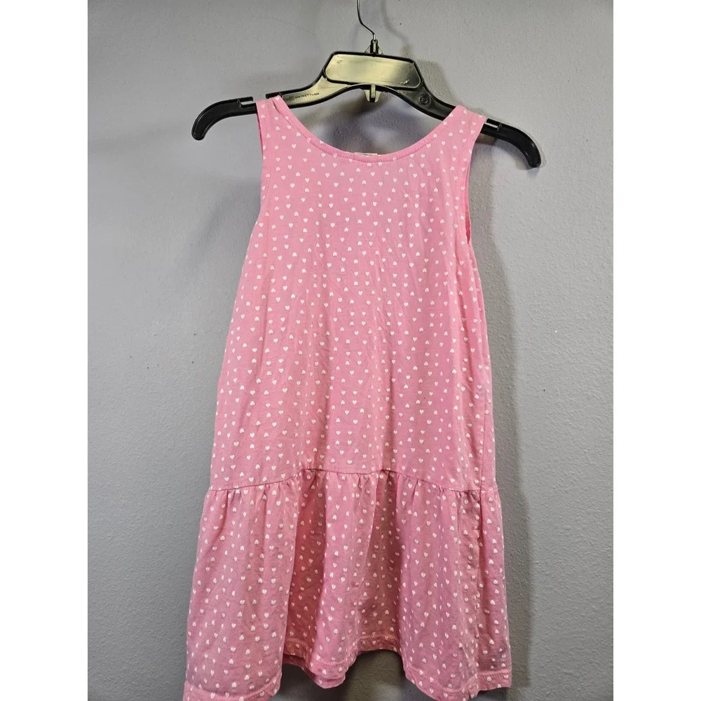 H&M Heart Print Pink Sleeveless Drop Waist Ruffle Organic Cotton Dress 6-8Y